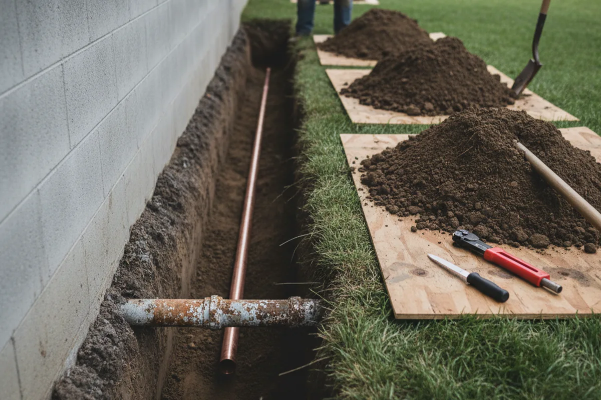 Excavated water line trench during Sewer Line Repair in Higley